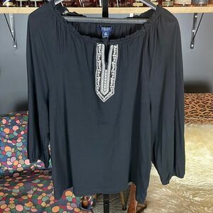 CHAPS black boho embroidered tie neck half sleeve top sz 1X